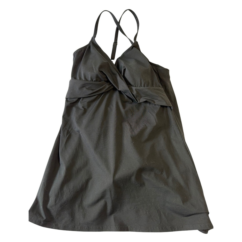 Lands' End‎ Black Twist Front V-Neck Swim Dress One Piece Swimsuit 14P Resort